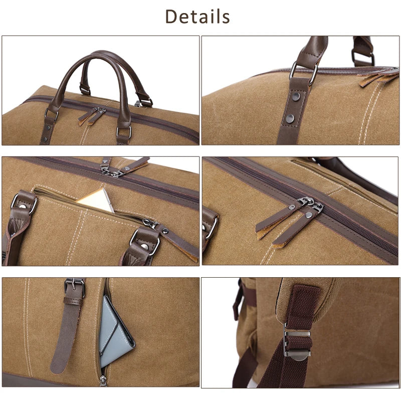 Travel Duffel Bag Waterproof Canvas Genuine Leather Weekend Bag Weekender Overnight Carryon Hand Bag